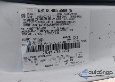 2008 Ford Crown Victoria Police/Police Interceptor z USA, uszkodzony, nr VIN 2FAFP71V78X163028